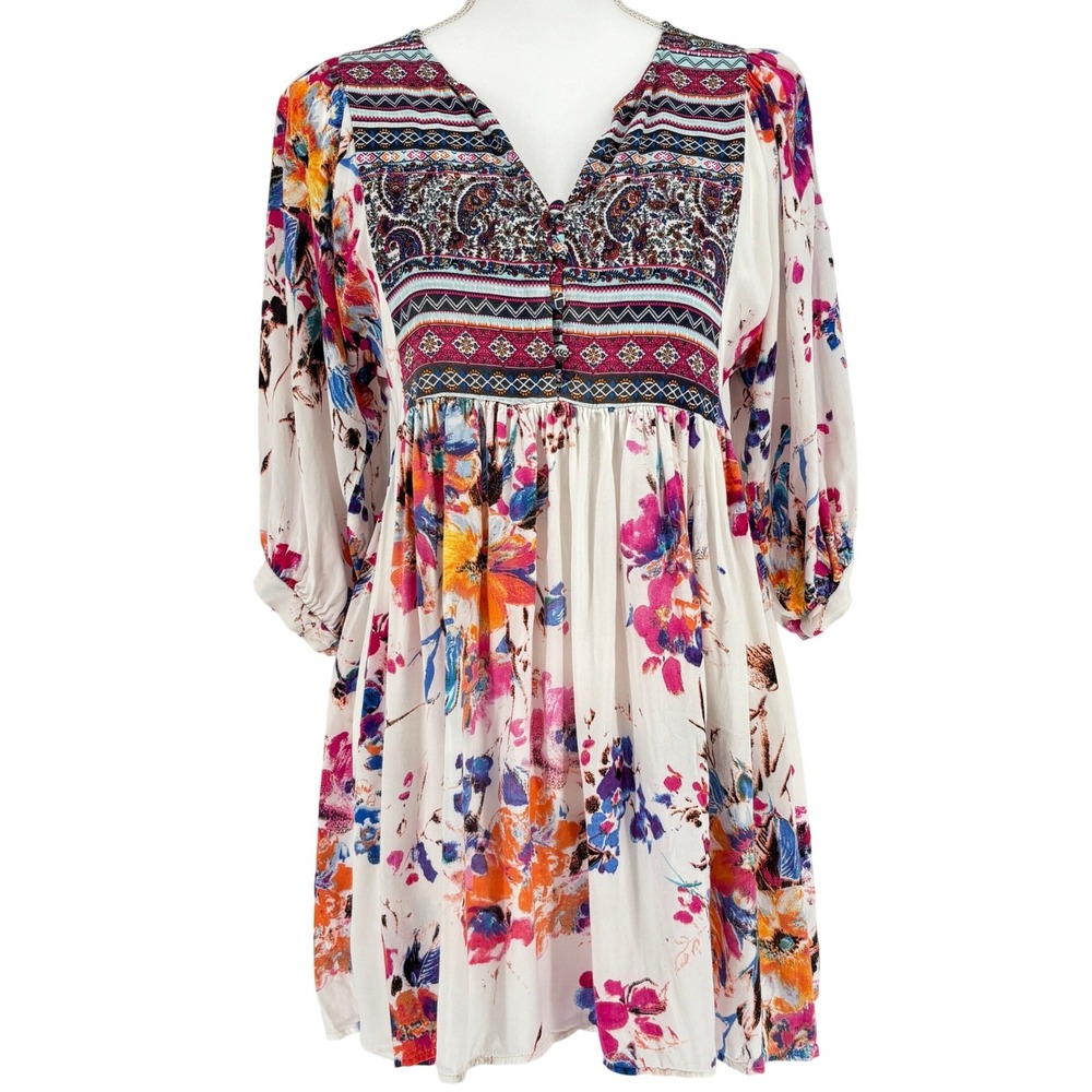 Umgee Boho Floral Babydoll Tunic Dress White Pink Paisley Peasant M